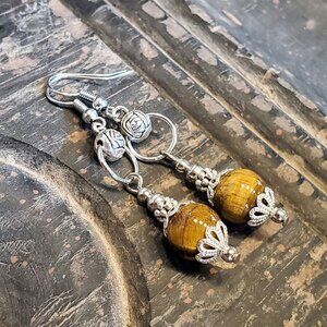 Handcrafted Tiger Eye Gemstone Lacy Trim Silver Carved Rose Earrings
